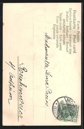 Lithographie Dame mit Hut freut sich über Osterküken