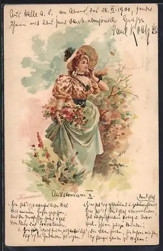 Künstler-AK Frau mit Hut und Blumen im Jugendstil