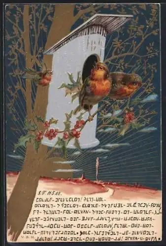 Künstler-AK Rotkehlchen an ihrem Nistkasten, Jugendstil