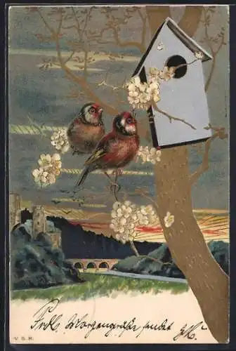 AK Vögel am Vogelhaus bei Baumblüte, Jugendstil