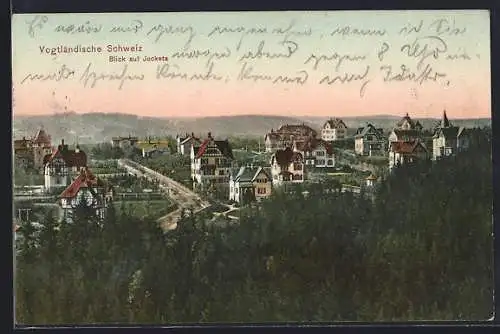 AK Jocketa i. V., Totalansicht mit Strasse aus der Vogelschau