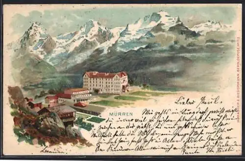 Lithographie Mürren, Ortsansicht mit Bergpanorama