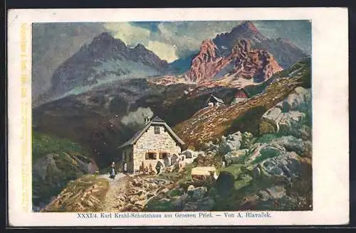 Künstler-AK Philipp + Kramer Nr. XXXI /4: Karl Krahl-Schutzhaus am Grossen Priel