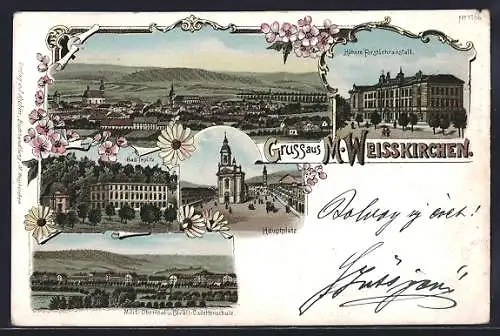 Lithographie Mähr. Weisskirchen, Bad Teplitz, Höhere Forstlehranstalt, Gesamtansicht
