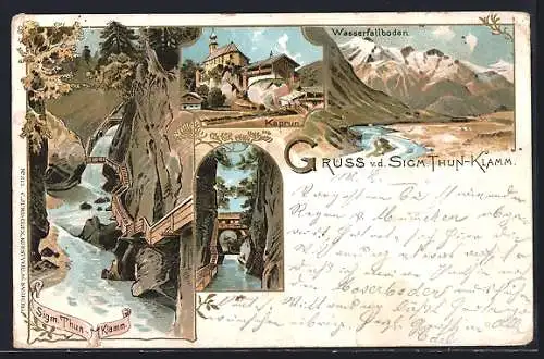 Lithographie Kaprun, Teilansicht mit Kirche, Wasserfallboden