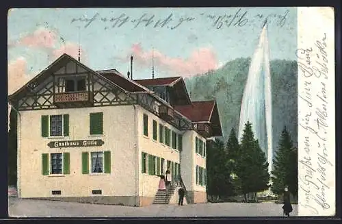 AK Dornbirn, Gasthaus Gütle mit Springbrunnen