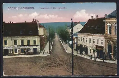 AK Hollabrunn, Oberhollabrunn, Hauptplatz und Bismarckstrasse mit Buchhandlung Maximilian Jordan