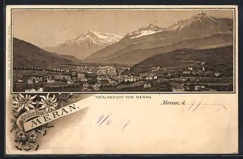 Lithographie Meran, Totalansicht mit Gebirgspanorama