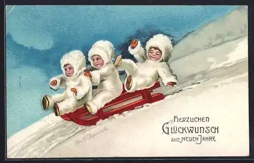 AK Neujahrsgruss, Kinder rodeln mit Schlitten einen Hang hinab