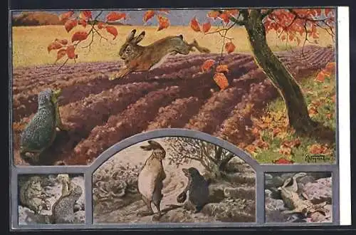 Künstler-AK K. Wagner: Märchen, Hase und Igel beim Wettlauf