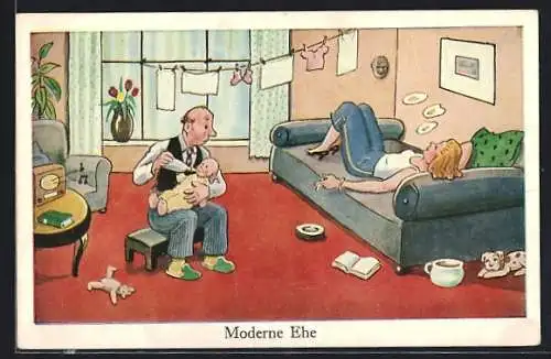 Künstler-AK Moderne Ehe - Vater gibt Fläschchen, Mutter auf dem Sofa, Karikatur