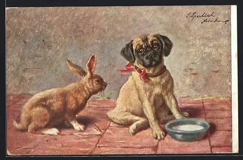 Künstler-AK niedliches Kaninchen mit Hundewelpen am Wassernapf