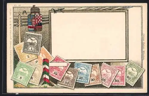 AK Ungarn, Briefmarken und Telegraphenmast mit Wappen