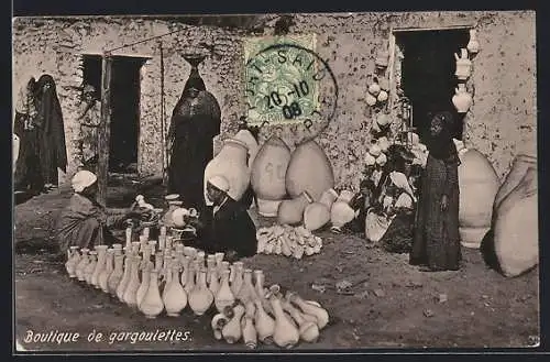 AK Egypte, Boutique de gargoulettes, arabische Händler