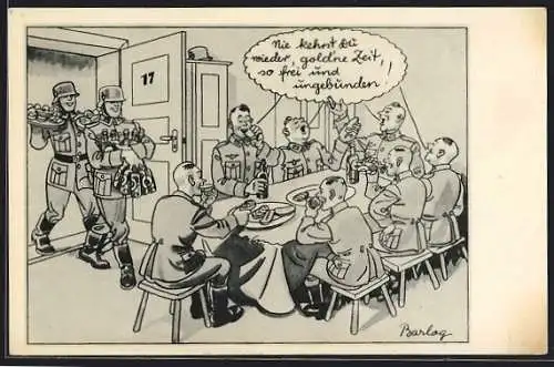 Künstler-AK Ferdinand Barlog: Soldaten am Biertisch