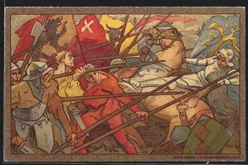 AK Schweizer Bundesfeier 1911, Schlachtszene, Ritter im aussichtslosen Kampf
