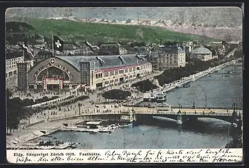 AK Zürich, Eidgen. Sängerfest 1905, Festhütte, Strassenbahn, Dampfer