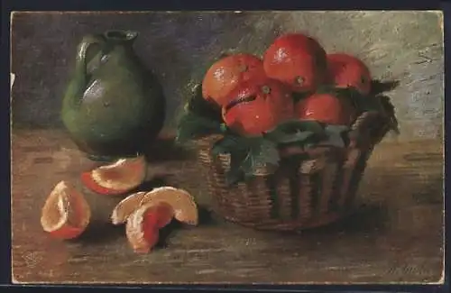 Künstler-AK Wohlgemuth & Lissner, Primus-Postkarte No. 1014, Orangen im Korb neben einer grünen Karaffe