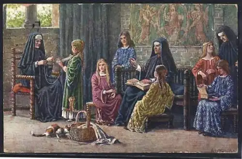 Künstler-AK Kassel, Tausendjahrfeier, Nonnen des Augustiner-Nonnenklosters als Jugenderzieherinnen im Jahre 1163