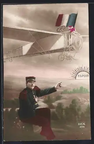 AK Vive la France, französischer Soldat und Flugzeug
