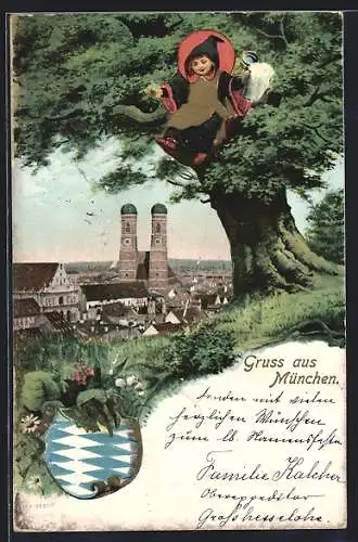 AK München, Ortsansicht mit Bayer. Wappen