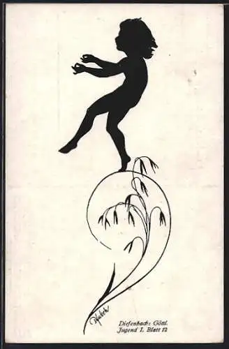 Künstler-AK Diefenbach: Schattenbild, Göttl. Jugend I. Blatt 12, Bube spaziert auf einer Blüte