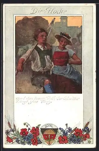 Künstler-AK Karl Friedrich Gsur: Deutscher Schulverein NR 199: Die Glocke, Tanzendes Bauernpaar, Sense