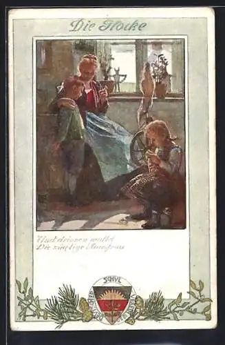 Künstler-AK Karl Friedrich Gsur: Deutscher Schulverein Nr.196: Mutter mit Kinder in der Stube, Spinnrad