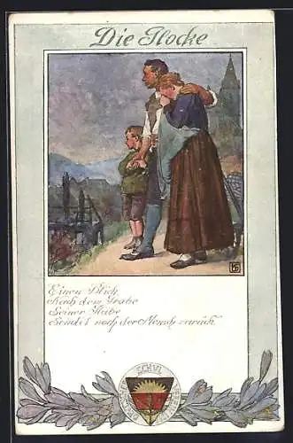 Künstler-AK Karl Friedrich Gsur: Deutscher Schulverein NR 197: Die Glocke, Familie blickt auf eine Ruine