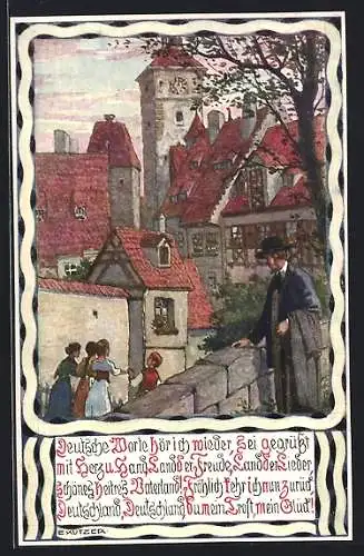 Künstler-AK Ernst Kutzer: spielende Kinder in der Stadt