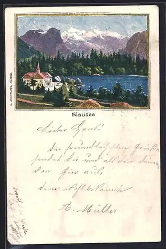 AK Blausee, Ortsansicht mit Bergpanorama & See