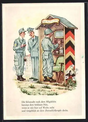 AK Soldat am Wachhäuschen dreht an den Knöpfen des Fernsehers