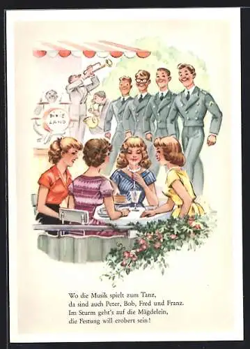 AK Soldaten kommen im Gleichmarsch zum Tisch der jungen Damen, um sie zum Tanzen aufzufordern