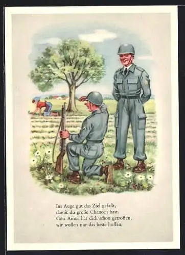 AK Soldaten beobachten eine Frau bei der Feldarbeit