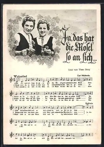 AK Walzerlied, Ja das hat die Mosel so an sich, Liedtext & Notenzeile, Mädchen trinken Wein