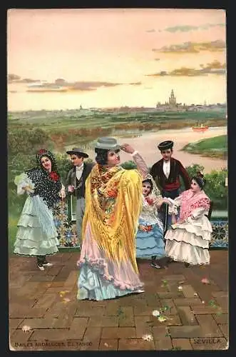 Künstler-AK Volkstanz-Gruppe in Tracht vor Stadtpanorama