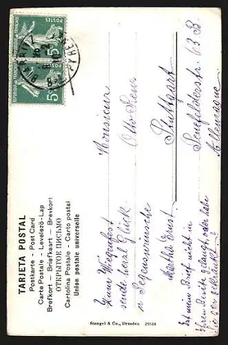 Künstler-AK Volkstanz-Gruppe in Tracht vor Stadtpanorama