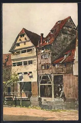 Künstler-AK J. Marschall: Alt-Ulm, Gerberhaus an der Blau
