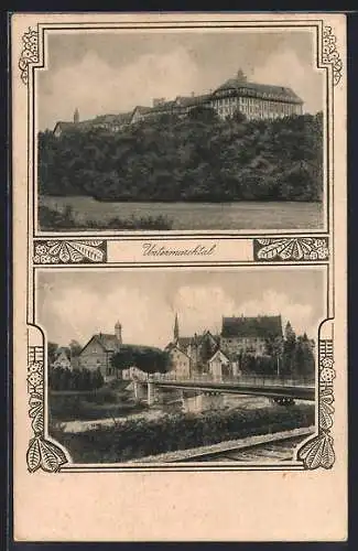 AK Untermarchtal, Blick auf das Schloss, Flusspartie mit Brücke