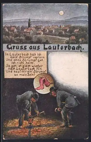Künstler-AK Lauterbach / Hessen, Ortsansicht, Suche nach verlorenem Strumpf