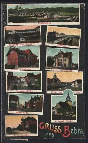 AK Bebra, Bahnhof, Hotel Schlüter, Neues Schulhaus