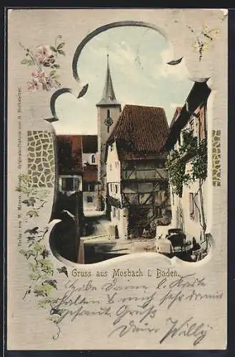 AK Mosbach i. Baden, Ortspartie mit Blick auf Kirche