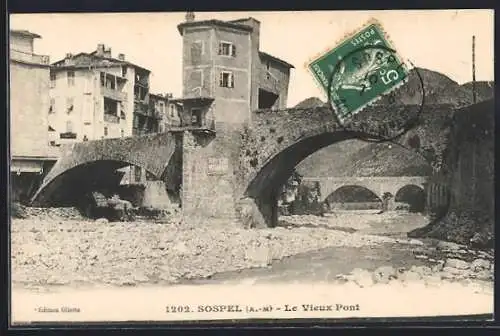 AK Sospel, Le Vieux Pont et la rivière en contrebas