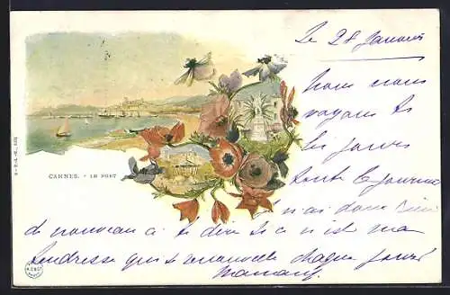 AK Cannes, Le Port avec vue sur la baie et fleurs en illustration