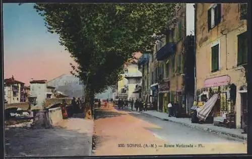 AK Sospel, Route Nationale animée avec boutiques et passants