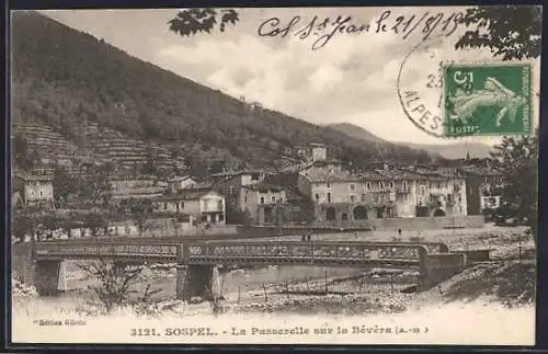 AK Sospel, La Passerelle sur la Bévéra et vue du village