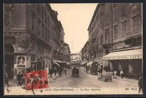 AK Nice, La Rue Masséna avec passants et Grand Café