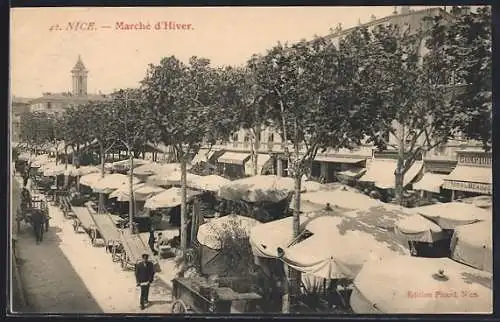 AK Nice, Marché d`Hiver sous les arbres avec étals et passants