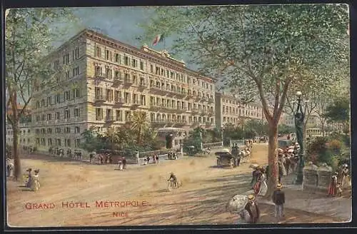 AK Nice, Grand Hôtel Métropole et scène animée de la rue