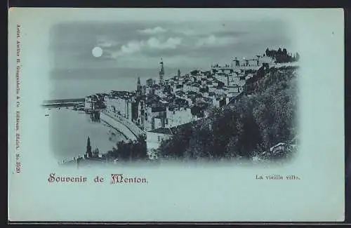 Mondschein-AK Menton, La vieille ville au clair de lune